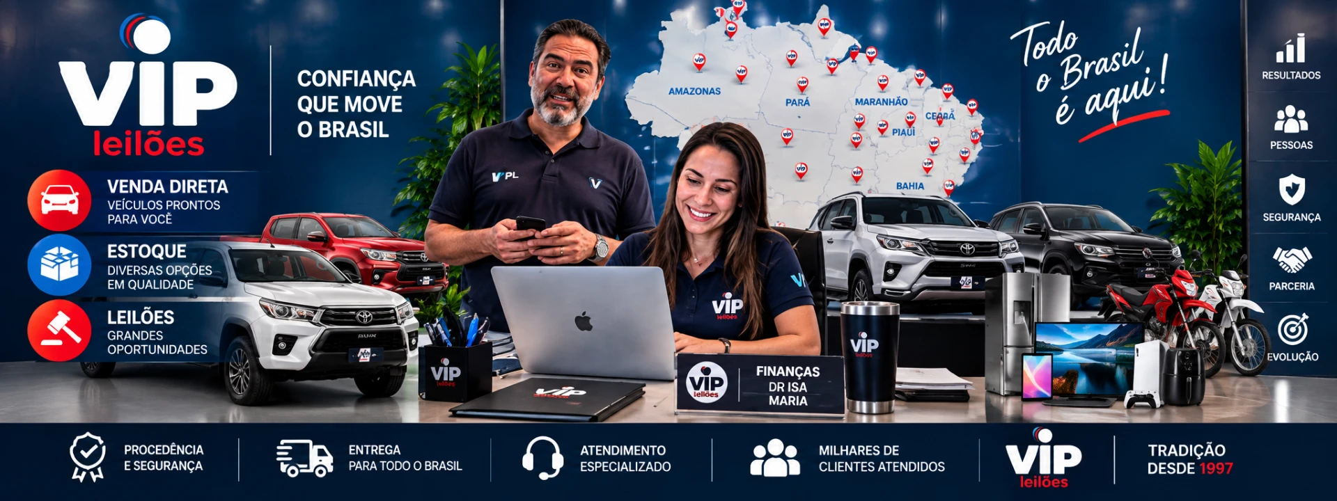 VIP Leilões — Confiança que move o Brasil. Venda direta, estoque, leilões, veículos, eletrônicos e entrega para todo o Brasil.